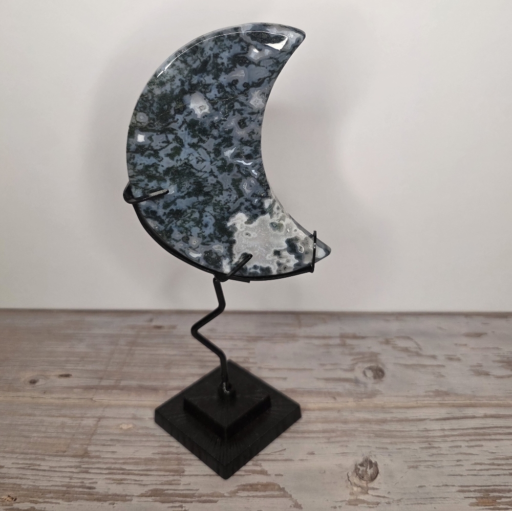 Elegant Moss Agate Moon Carving With Custom Stand